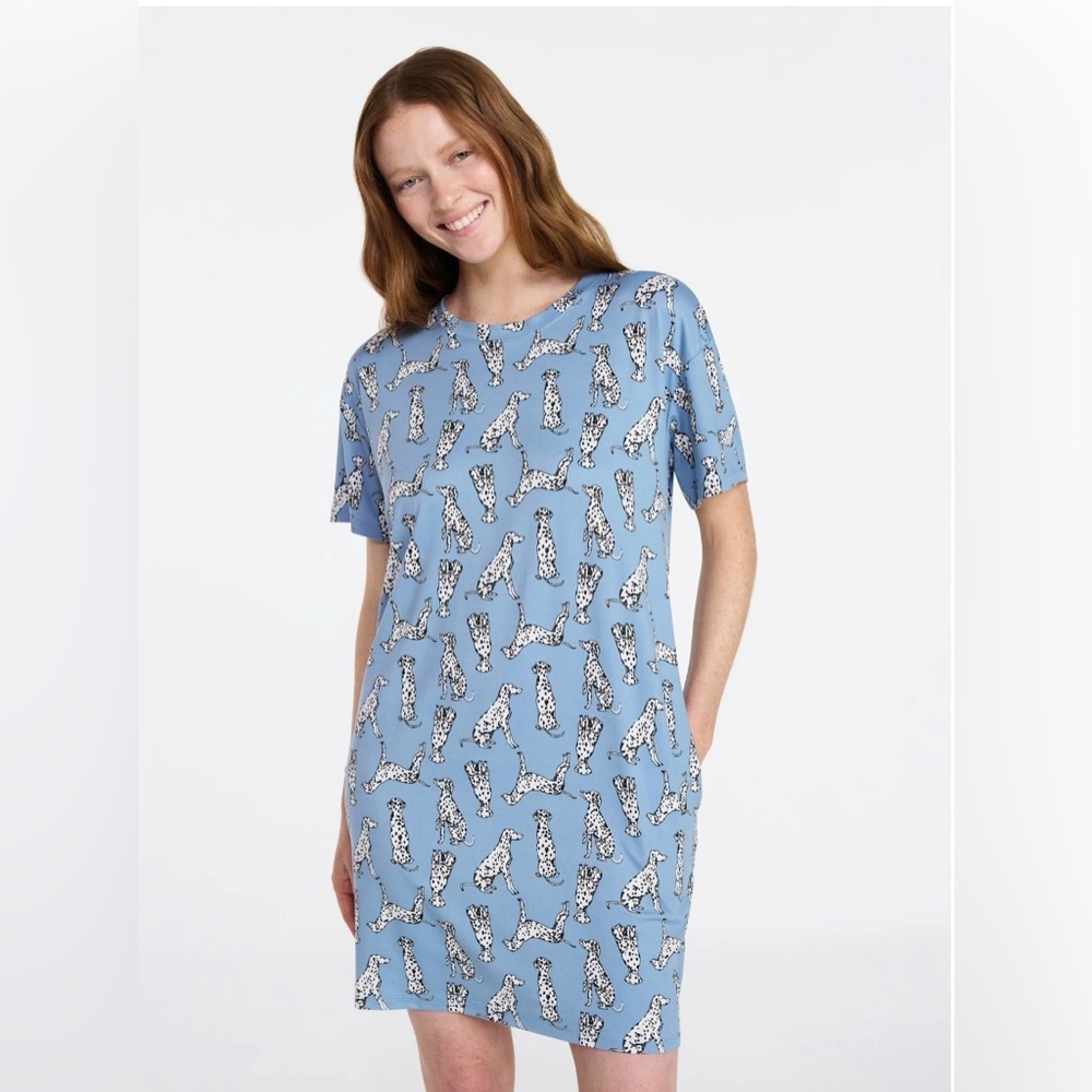 Joyspun Dreamy Soft Sleep Shirt Blue Dalmatian Print S/M Pajama Tee